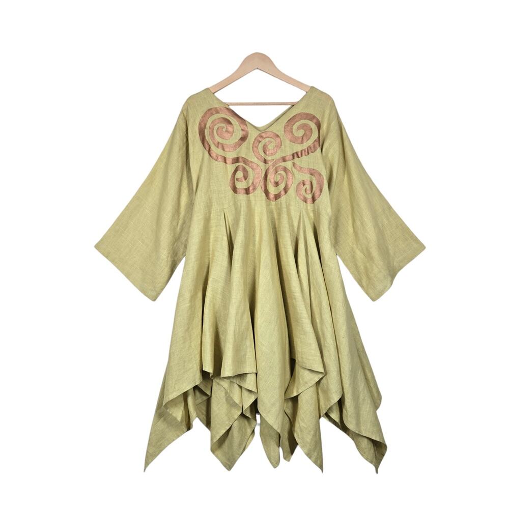 Denise Goring Artwear Linen Tunic Dress Green Lagenlook Boho Artsy Chic Artisian